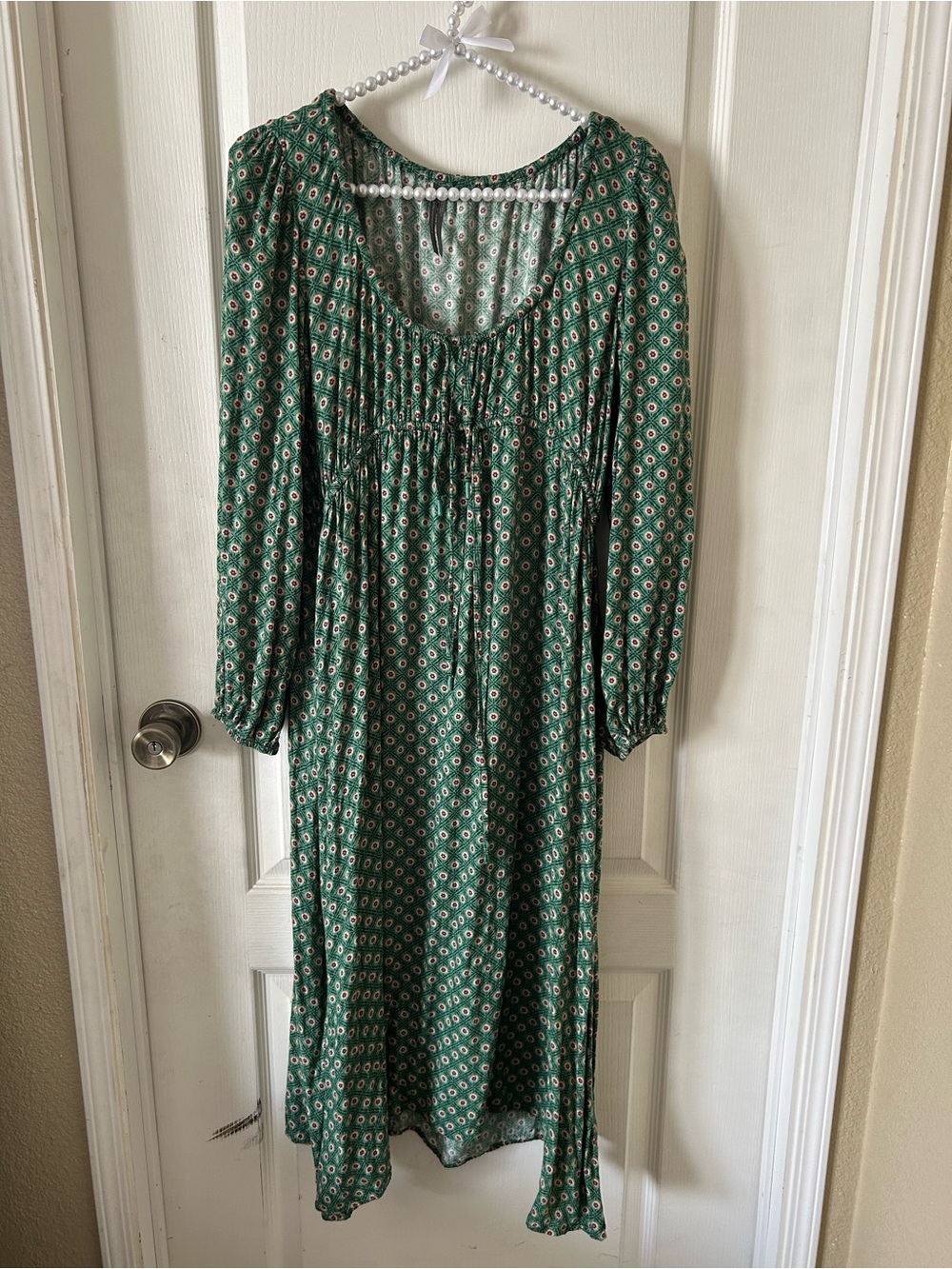 Anthropologie Adelaide Tie-Front Green Patterned Bohemian Midi Dress Size S